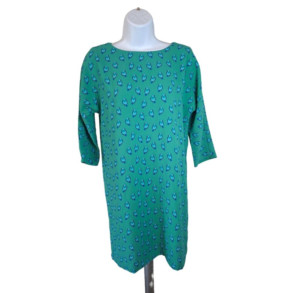 Ann Taylor LOFT Shift Mini Dress XS Green Bird 3/4 Sleeves Cottagecore Preppy